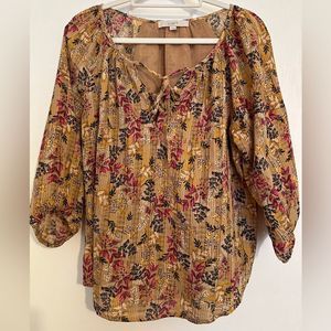 Loft 3/4 Sleeve Peasant Blouse with two ties in front. Mustard yellow